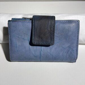 Blue Marbled Genuine Leather Bifold Wallet w/ Snap Closure & Card Slots